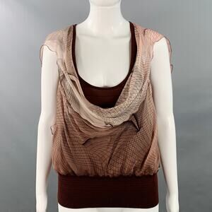 Size 6 Brown Orange Cotton Blend Mixed Fabrics Sleeveless Silk Scarf Dress Top
